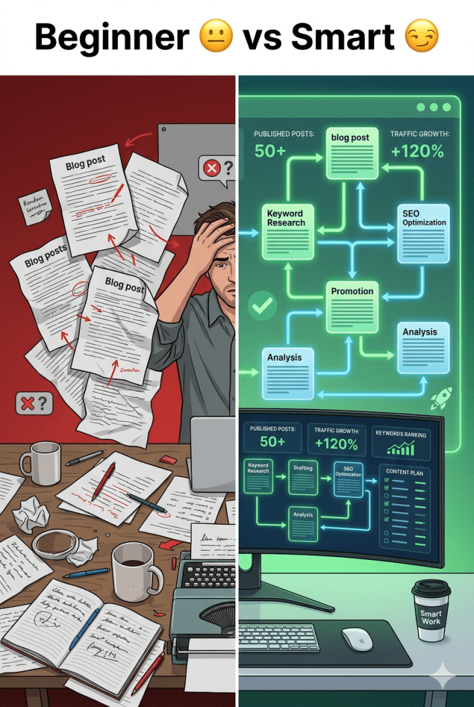 beginner vs smart blogger internal linking strategy comparison visual