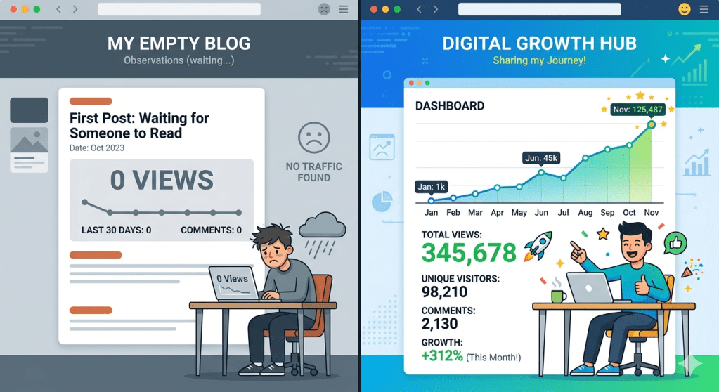 👉 blog traffic growth vs zero views comparison showing impact of keyword strategy