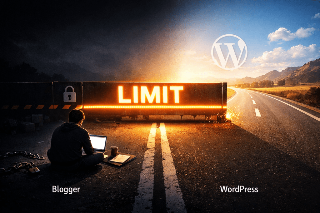 Blocked road labeled “Limit” representing Blogger growth restrictions and limited blogging features