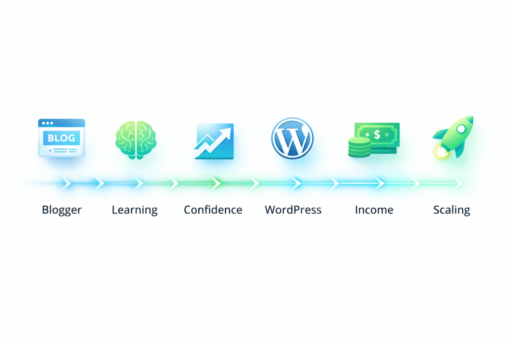 Blogger to WordPress strategy flowchart showing learning, confidence, income, and scaling steps