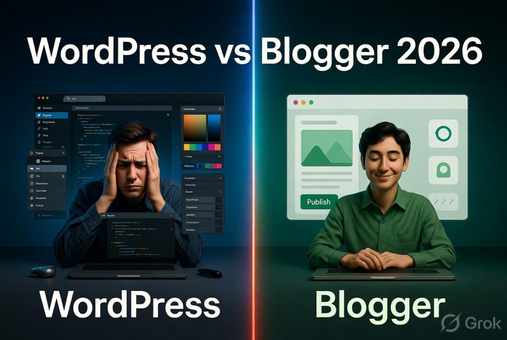 Blogger vs WordPress ease of use comparison showing simple publishing vs complex setup for beginners