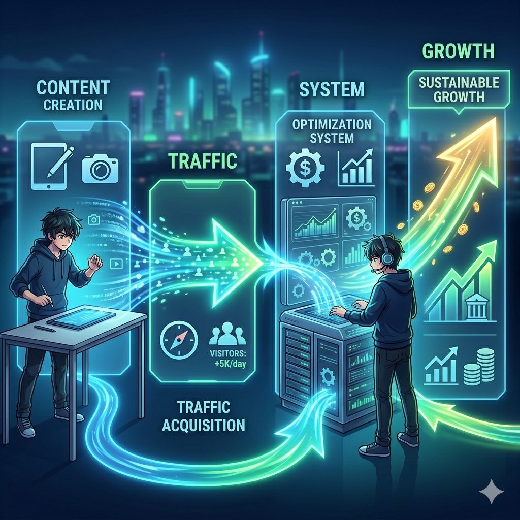 blogging system flow content traffic system growth diagram anime style infographic