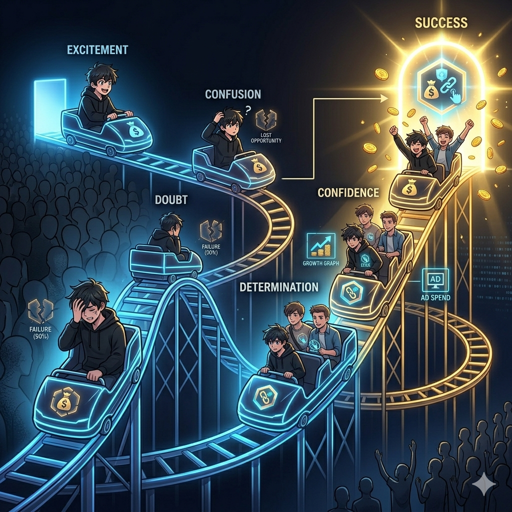 blogging emotional journey rollercoaster beginner excitement confusion growth success anime illustration