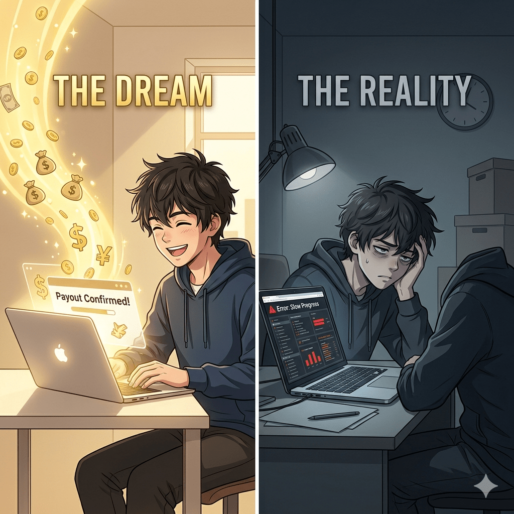 blogging expectation vs reality comparison beginner success vs struggle anime illustration