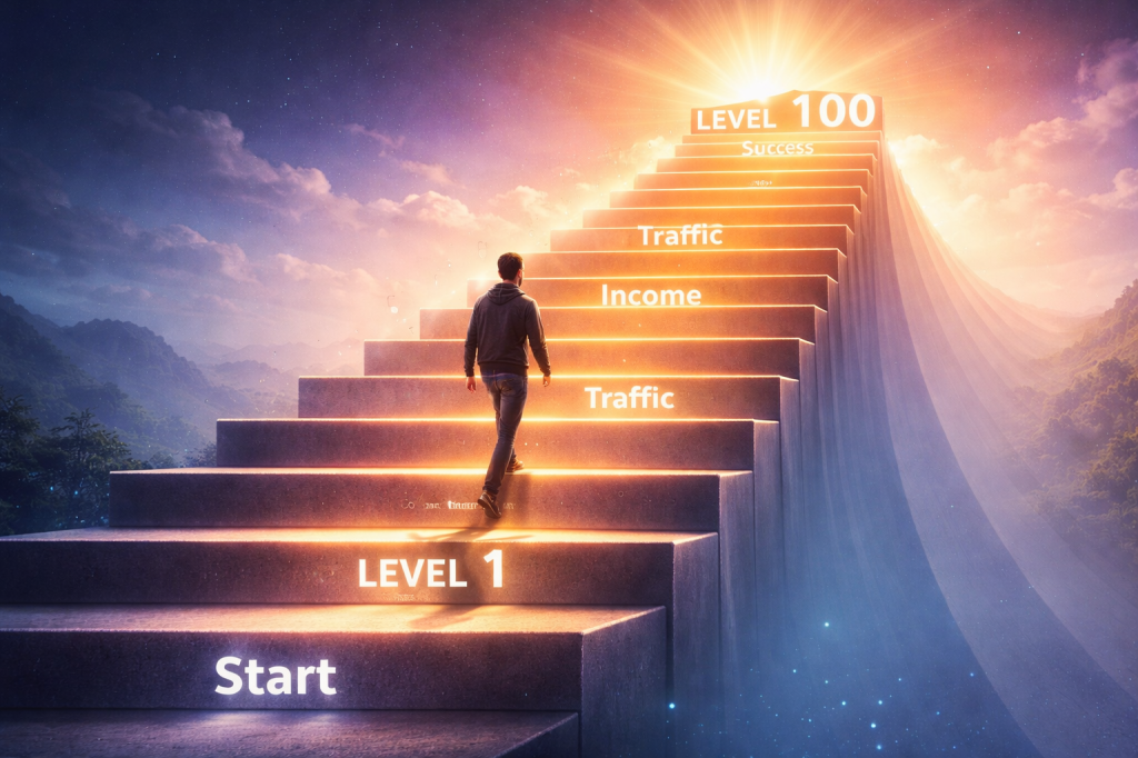 Blogging growth journey showing person climbing staircase from beginner to success, motivational progress