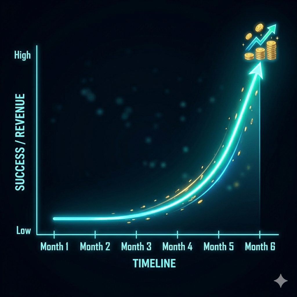 blogging growth timeline chart slow start to fast growth months progression anime style