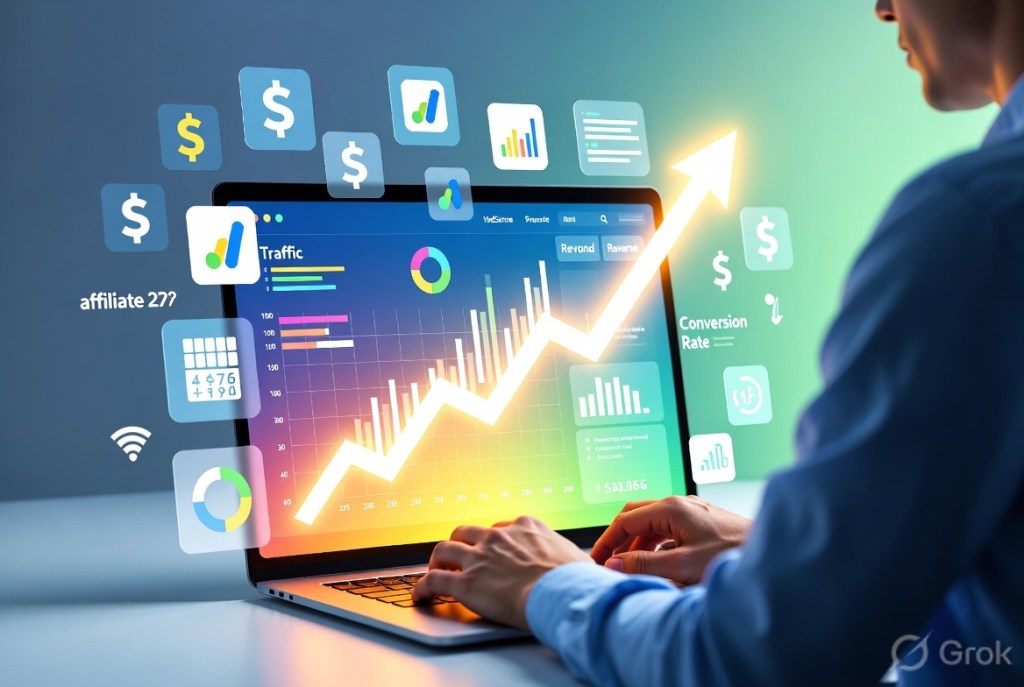 Blogger earning concept with laptop, money icons, analytics dashboard, and income growth visuals