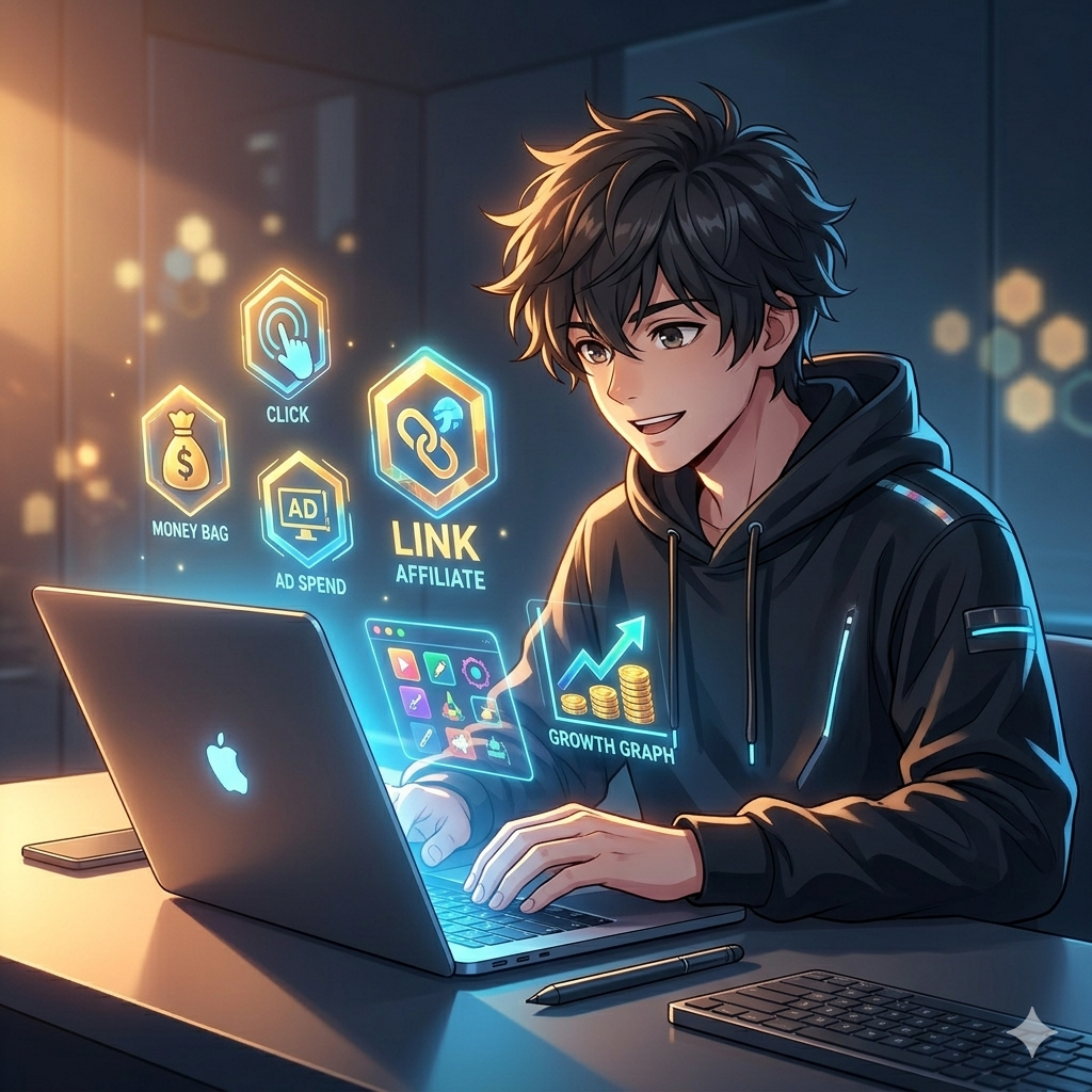 blogging income sources ads affiliate marketing online earnings concept anime illustration