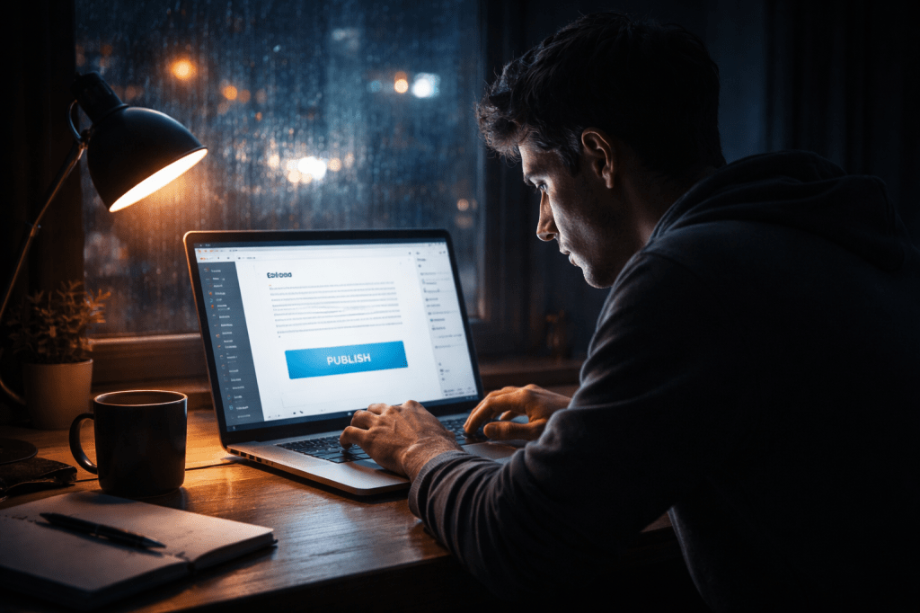 Focused blogger working late at night on laptop, determined expression, productivity and consistency concept