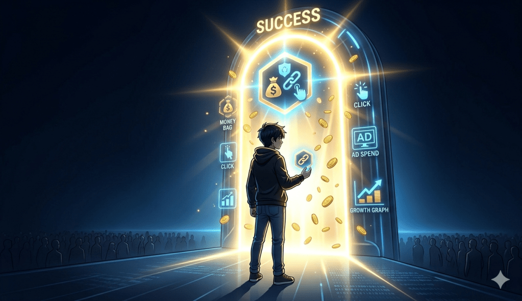 blogging decision moment beginner standing in front of glowing door opportunity anime illustration
