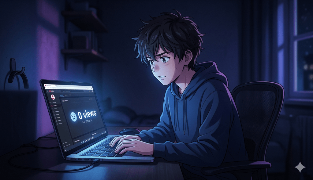 beginner blogger confused looking at laptop with zero views screen anime illustration