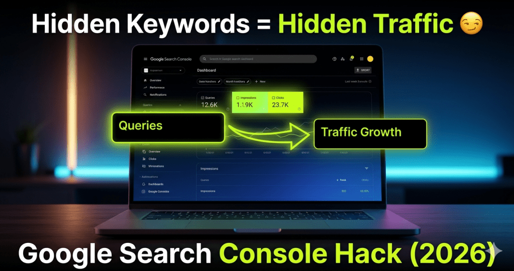 Google Search Console dashboard showing keyword queries impressions clicks and traffic growth concept