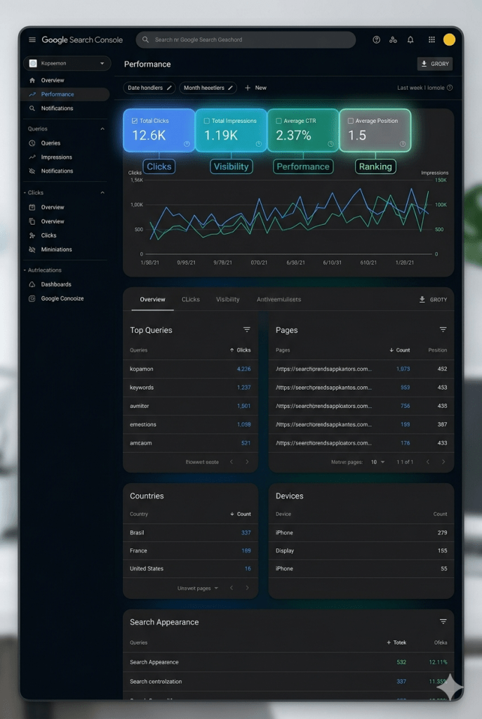 Google Search Console performance dashboard showing clicks impressions CTR and position metrics