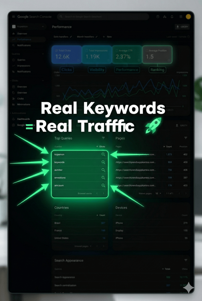 Google Search Console queries report showing real keywords users are searching