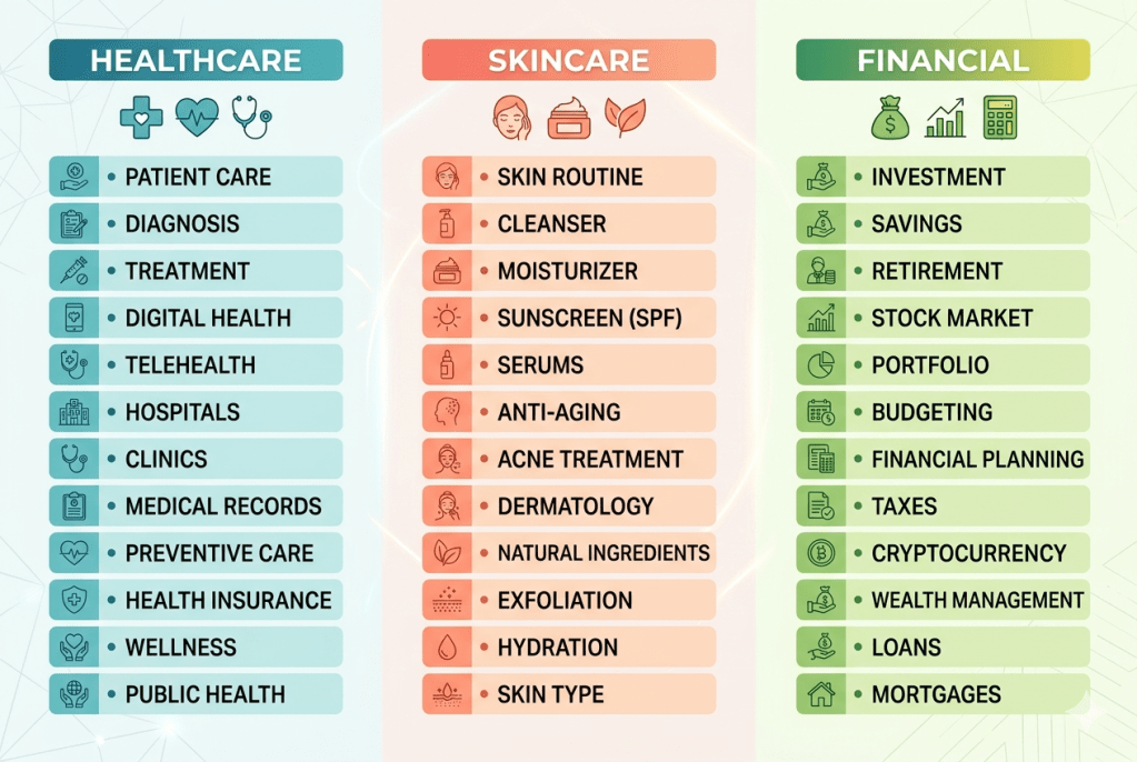 👉 healthcare skincare financial keyword examples for seed keyword research
