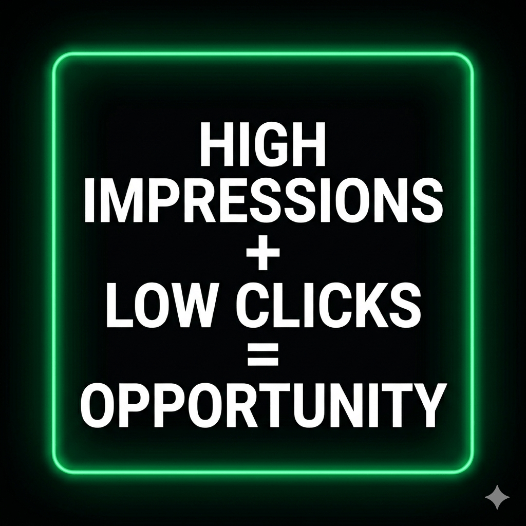 high impressions plus low clicks equals SEO opportunity formula infographic