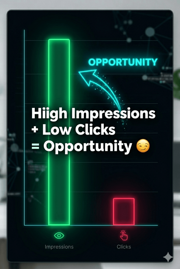 high impressions low clicks SEO opportunity keyword concept chart