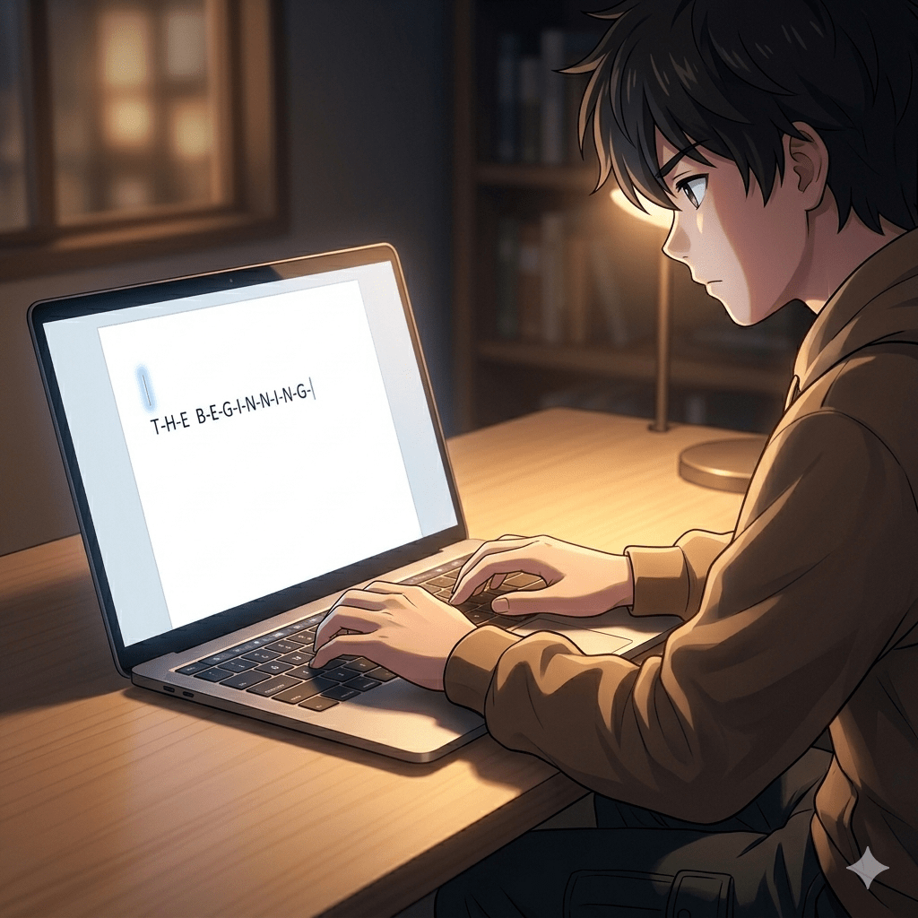 starting first blog post writing on laptop beginner blogging content creation process