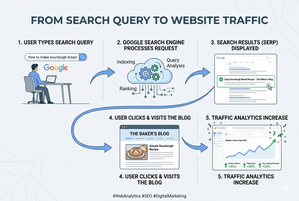 👉 keyword research flow from user search to google to blog traffic process diagram