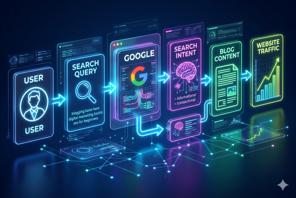 keyword to intent to traffic flow diagram seo blogging process