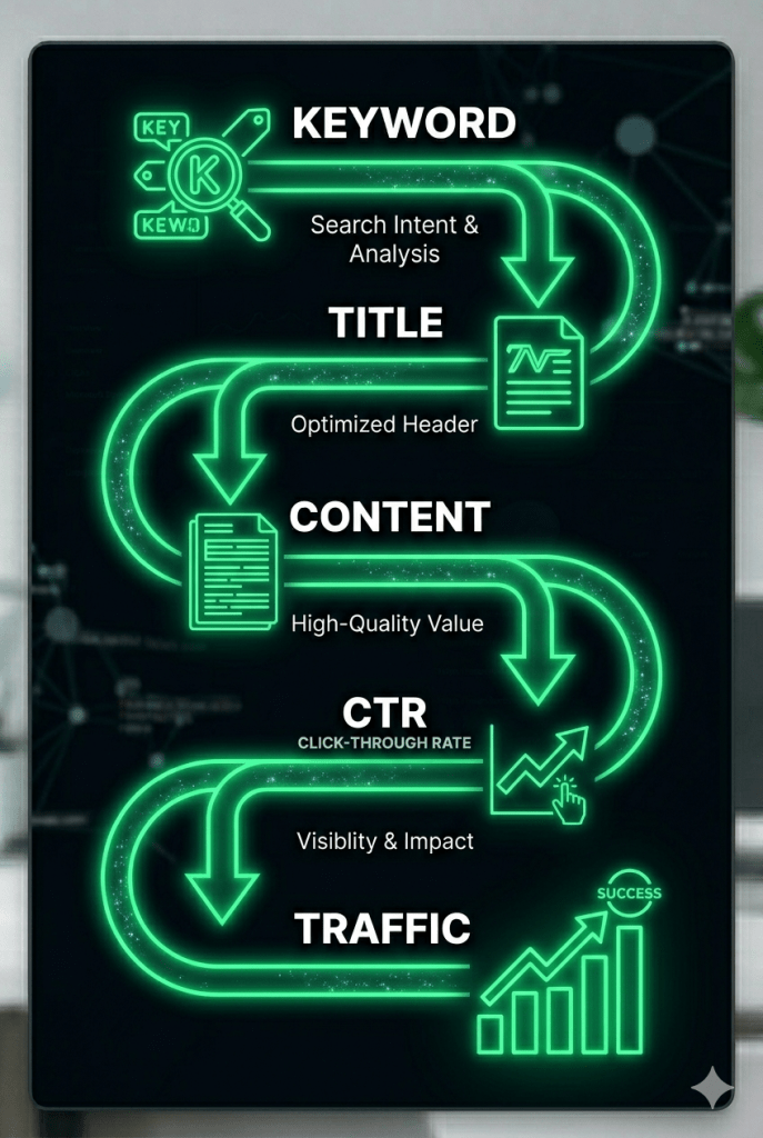 SEO optimization process from keyword to title content CTR and traffic flow diagram