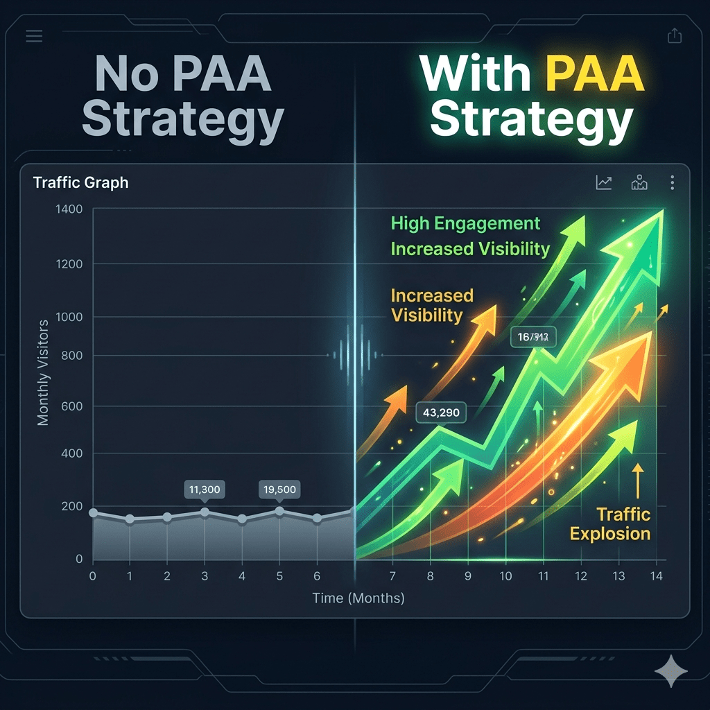 Comparison of blog traffic without and with People Also Ask SEO strategy showing growth improvement
