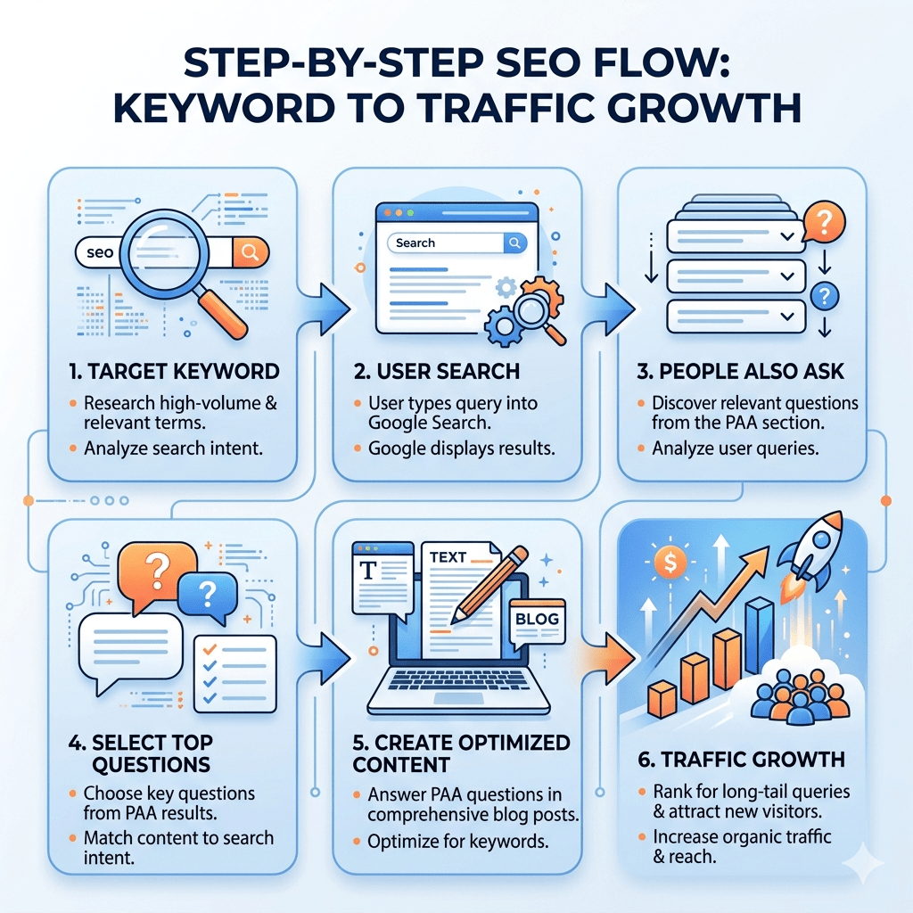 SEO process flow from keyword to Google search to People Also Ask to blog content and traffic growth