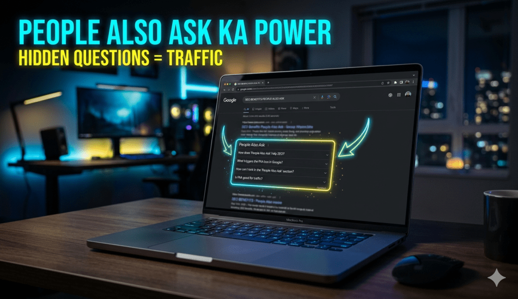 People Also Ask SEO strategy showing Google search results with highlighted questions and traffic growth concept