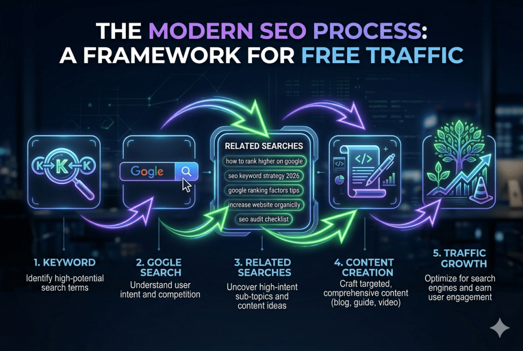 seo workflow diagram showing keyword to google search to related searches to content creation and traffic growth process