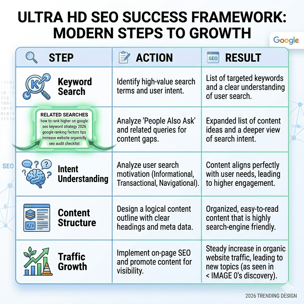 summary table showing steps to use related searches for seo including keyword selection intent understanding and content structure