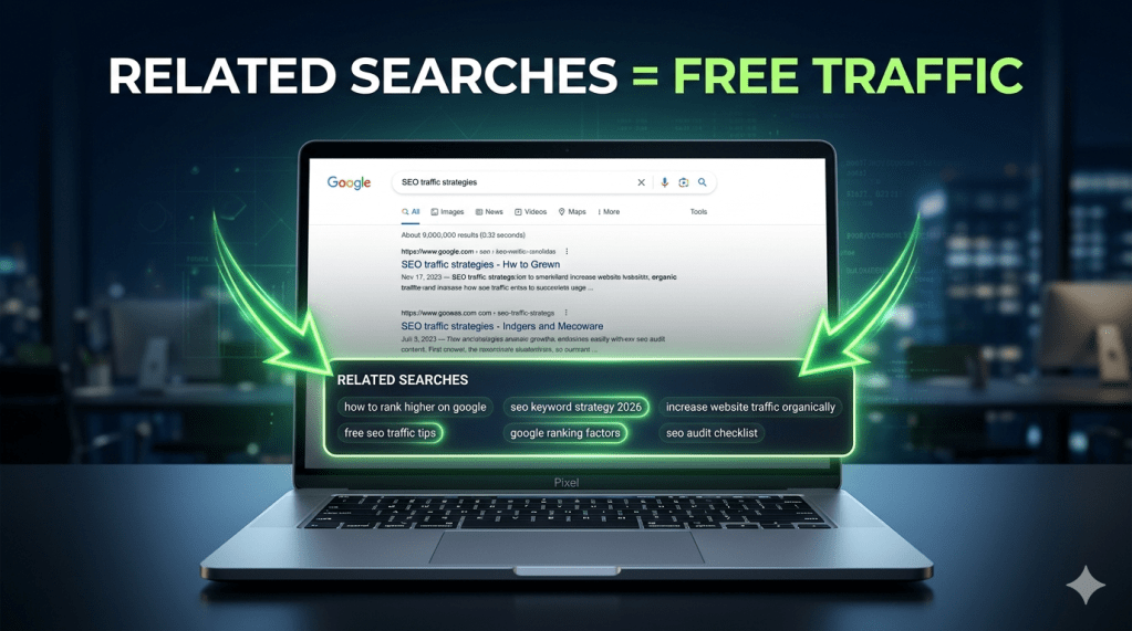 Google related searches section highlighted on search results page showing keyword expansion for SEO strategy and blog traffic growth