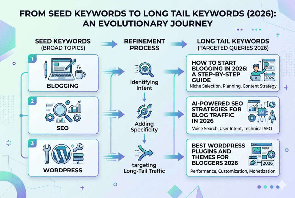 👉 seed keyword to long tail keyword transformation example for low competition SEO