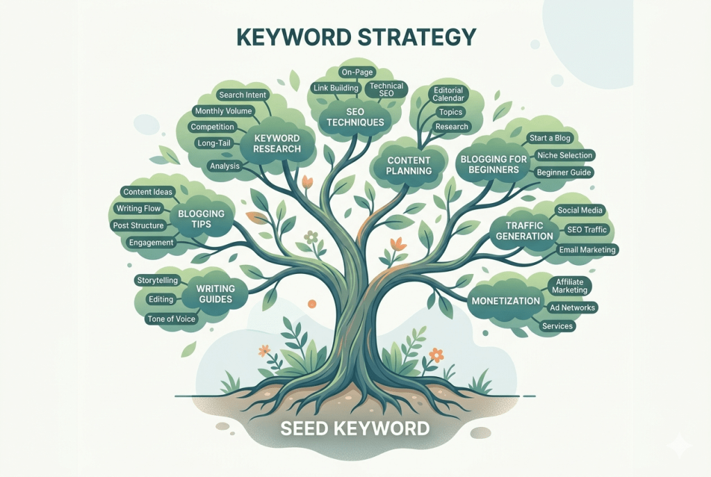 👉 seed keyword to long tail keyword expansion tree diagram blogging seo