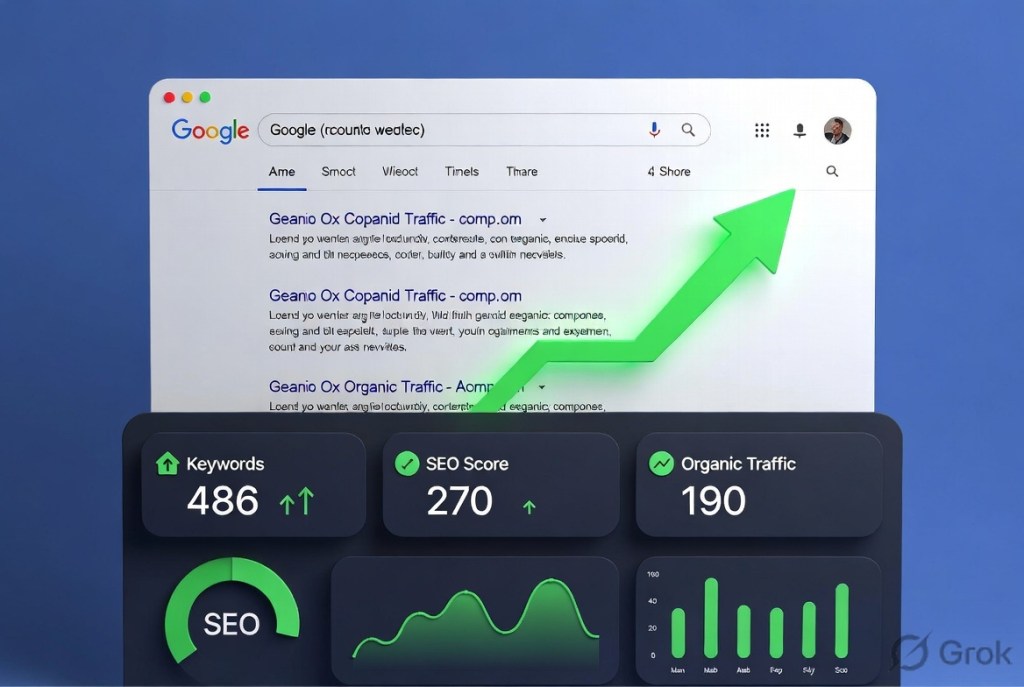 Website ranking improvement on Google search with rising graph, analytics dashboard, and SEO growth