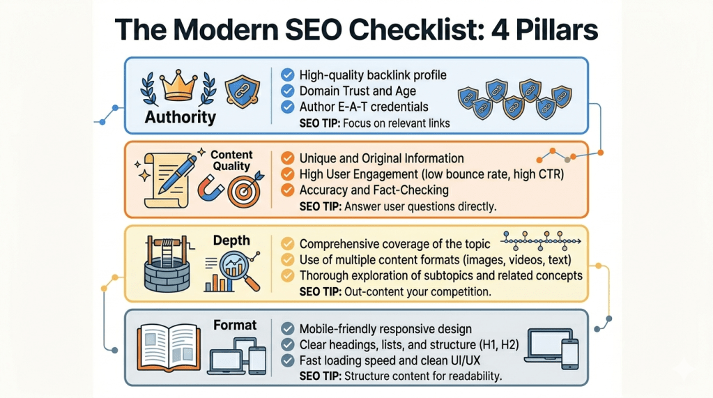 👉 SERP analysis checklist including authority content quality depth and format SEO factors