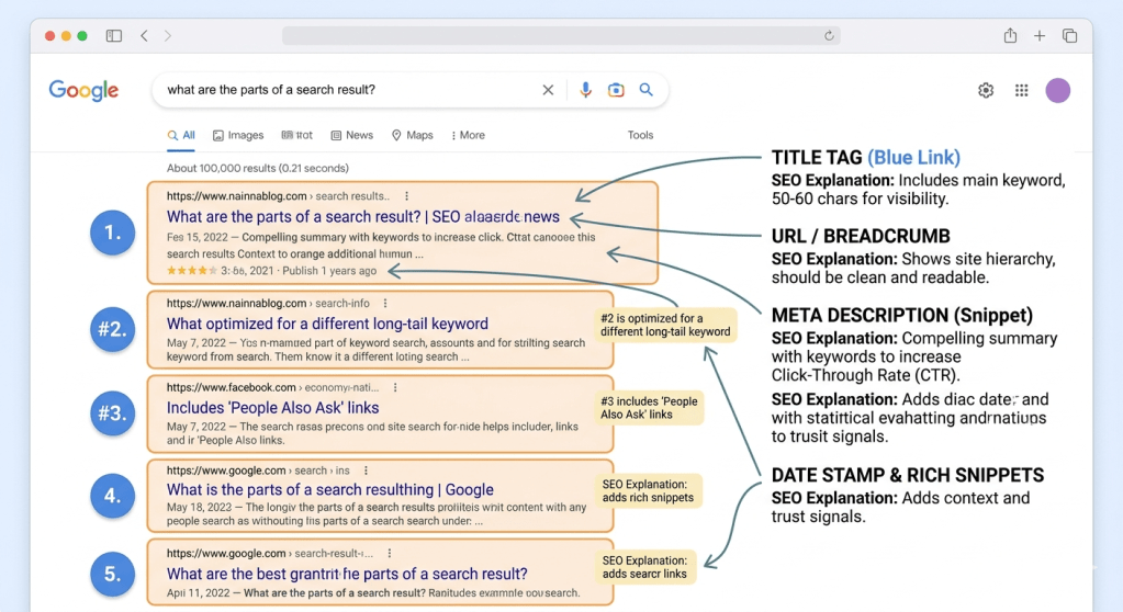 👉 Google SERP analysis example showing title URL snippet breakdown for SEO understanding