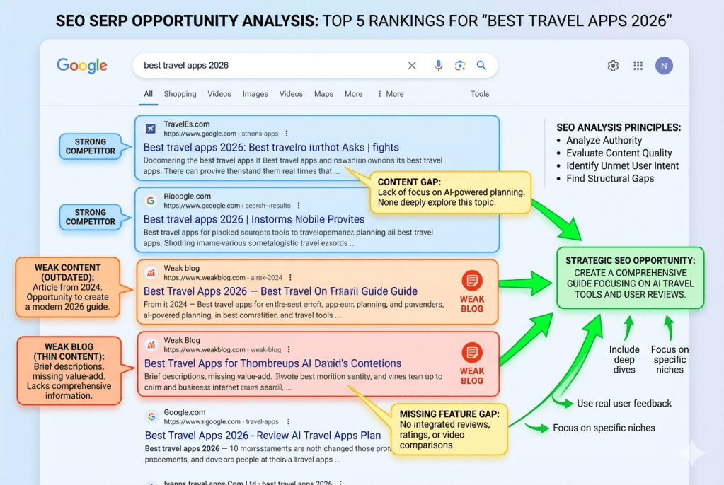 👉 serp analysis example showing keyword ranking opportunity and weak competition websites