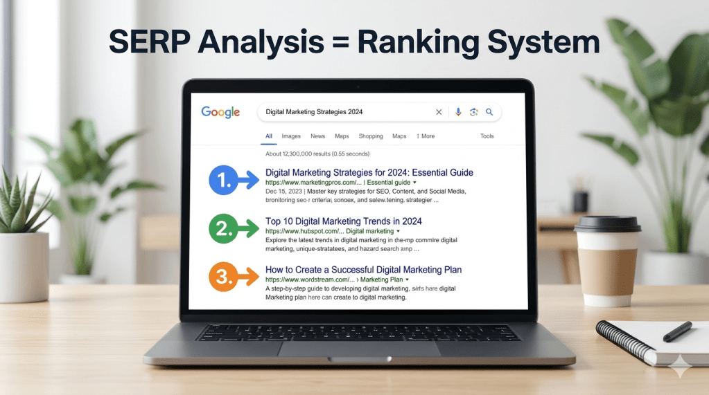  SERP analysis process showing Google search results ranking system for blog SEO 2026