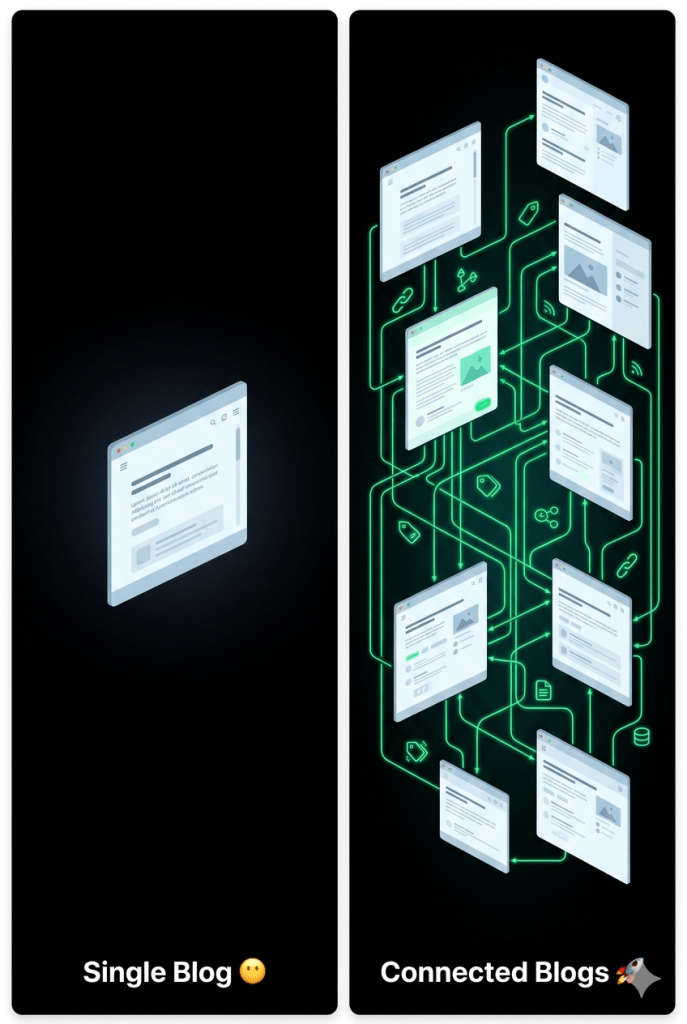 single isolated blog vs multiple interconnected blogs SEO comparison illustration