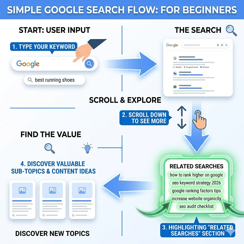 step by step process showing how google related searches appear after keyword search and scrolling down results page