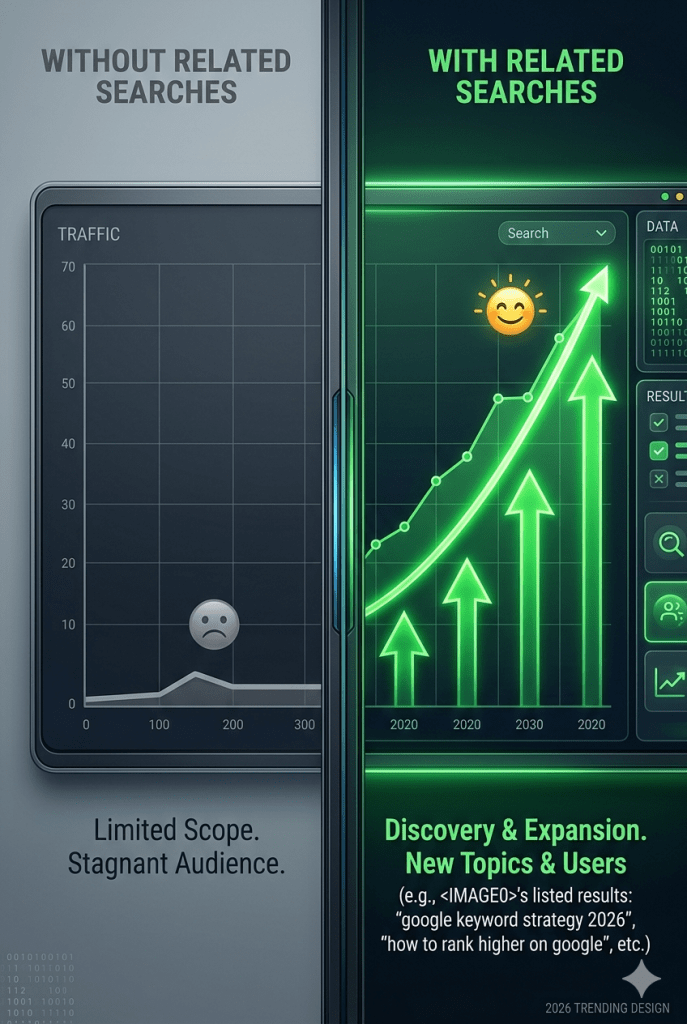comparison of blog traffic growth without and with related searches showing low traffic versus high growth results