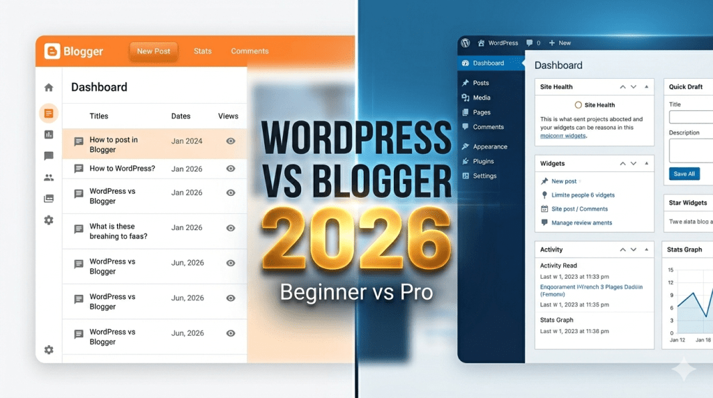 WordPress vs Blogger 2026 comparison showing simple Blogger interface and advanced WordPress dashboard