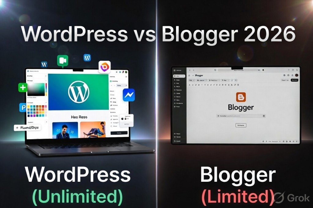 WordPress vs Blogger customization showing advanced design tools and templates vs limited options

