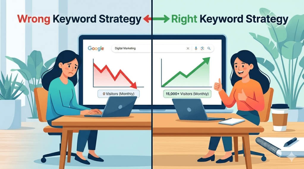 👉 wrong vs right keyword comparison showing blog traffic growth and SEO impact